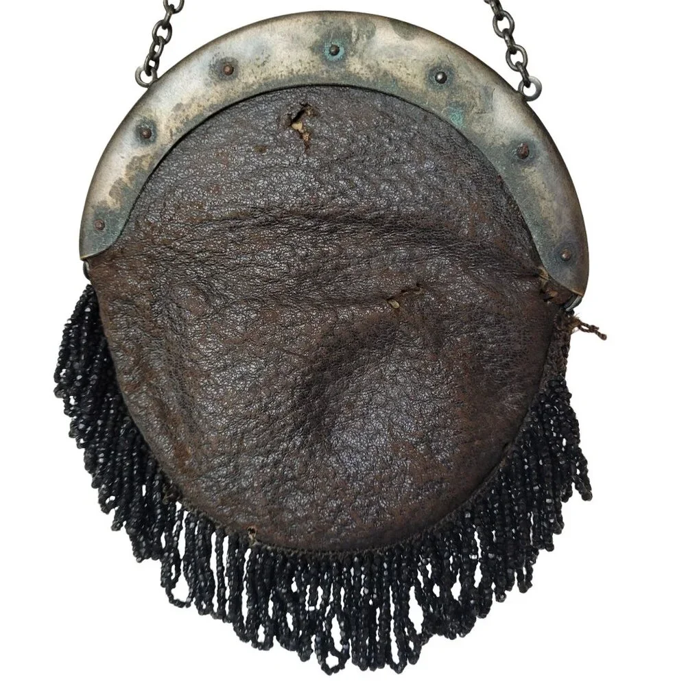 Black Beaded Small Purse With Floral Metal Frame & Fringe Detail Antique - Picture 5 of 10